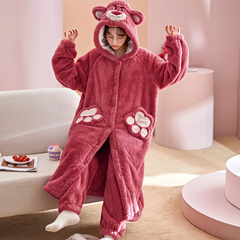 Plush strawberry bear pajamas for women new autumn and winter thickened plus velvet couple hooded cardigan home wear set