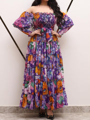 Floral-print one-shoulder chiffon dress