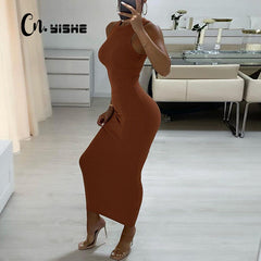 Ribbed Knitted Autumn Black Maxi Dress Women 2023 Sexy Party Bodycon Long Dress Round Neck Tight Dresses Robes Sundress