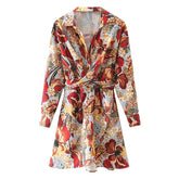 فساتين قصيرة مطبوعة بنقشة الزهور على طراز بوهو للسيدات بياقة مقلوبة وأكمام طويلة فساتين على شكل حرف A فساتين حفلات أنيقة للنساء