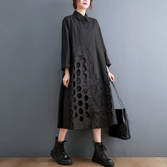 Autumn new fashion literary temperament dress loose Polo collar hole design shirt dress women