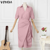 VONDA Elegant Dresses For Women 2022 Solid Lapel Short Sleeve Waist-in Pleated A-Line Vestidos Bohemian Party Casual Summer Plus Size Long Dresses