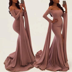 European and American new dress sexy one-shoulder long-sleeved slit dress long skirt