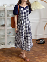 VONDA ladies Japanese and Korean casual small fresh plaid stitching dress ladylike elegant simple love collar short-sleeved puff sleeves waist A swing skirt daily spring and summer fashion large size all-match long skirt