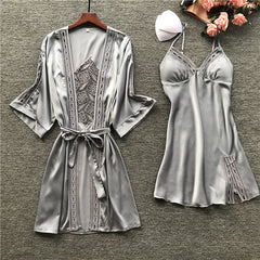 Sexy Lace Robe Sets With Belt 2PCS Women's Satin Pijamas Set Nightgown Silk Summer Sleepwear Bathrobe Female Pijamas M-XL