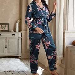 European and American large size pajamas women's cardigan lace nightgown pajamas casual home ladies suits can be worn outside