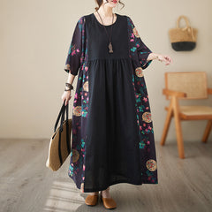 Large size women's clothing 2023 new ramie linen stitching dress retro loose robe 100-280 catties