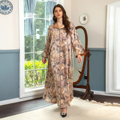 الشرق الأوسط المملكة العربية السعودية دبي عمان فستان المرأة المسلمة جلابية موضة الأزهار طباعة الساتان اللون مطابقة الماس مطعمة رداء