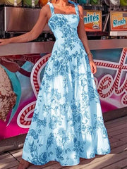 2023 summer new European and American women's temperament elegant suspenders tube top waist print large dress