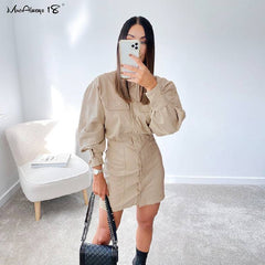 فستان Mnealways18 من جلد البولي يوريثان للسيدات غير رسمي بصدر واحد كريمي فستان عتيق للسيدات بأكمام طويلة فساتين قصيرة