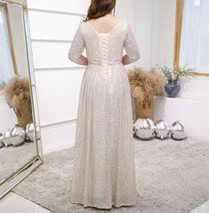 Women's V Neck Long Sleeves Oversized Sequin Ties Party Evening Dress