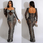 European and American fashion women's hot diamond mesh see-through long-sleeved dress
