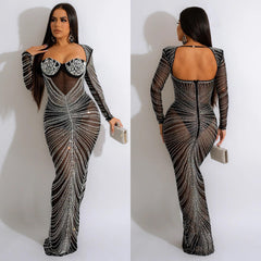 European and American fashion women's hot diamond mesh see-through long-sleeved dress