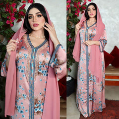 Sweet Pink Floral Maxi Long Dress for Women Ethnic Diamond Ribbon V Neck Middle East Muslim Jalabiya Autumn 2021 New Abaya Eid