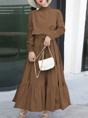 ZANZEA ladies Japanese and Korean style temperament solid color high neck long sleeve fashion trend elegant long skirt split stitching loose spring and autumn robe daily casual bohemian vacation style A-line dress S-5XL