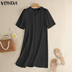 VONDA Elegant Dresses For Women 2022 Solid V Neck Short Sleeve Loose A-Line Vestidos Bohemian Party Casual Summer Plus Size Short Dresses