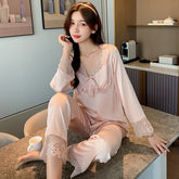 Ladies pajamas spring and autumn ice silk long-sleeved lace thin large size autumn pullover with chest pad home service set