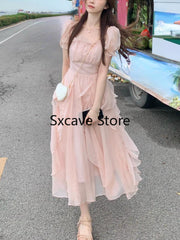 French Chiffon Midi Women's Short Sleeve Casual Bohemian Beach Tank Top Women's Pink Elegant Korean Dress 2023 Summer Fashion