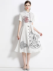 European and American fashion all-match slim waist positioning print dress