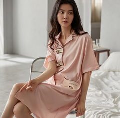 Summer new pull cool cotton ladies cardigan lapel plus comfortable Korean style double pocket half-sleeved mid-length nightdress