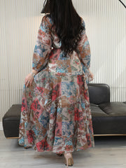 Vintage Stitching Printed Ruffle Trim Strap Dress