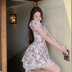 Clothing Summer Dresses Women 2022 Bodycon Women Dresses Korean Fashion Retro Flowers Sexy Women Puff Sleeve Chiffon