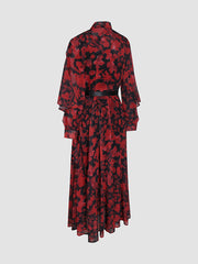 Red printed and dyed tie-neck chiffon belt waist dress