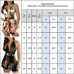 فساتين نسائية صغيرة بدون ظهر بحمالة زهور فستان صيفي بوهو مثير بياقة على شكل V بدون أكمام للشاطئ مطبوع عليه زهور قصيرة فستان صيفي