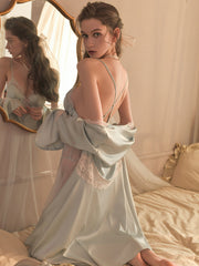 Sexy ice silk women's pajamas summer -grade satin home clothes suspenders lace see-through pajamas sexy style 6167