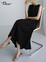 Celmia Elegant Dresses For Women 2022 Solid Sleeveless Suspender Loose A-Line Vestidos Bohemian Party Casual Summer Plus Size Long Dresses