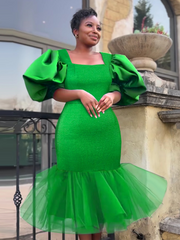 AOMEI Green Dress Bodycon Patchwork Mesh Party Mermaid Women Slim Short Lantern Sleeve Square Collar Elegant High Waist Event