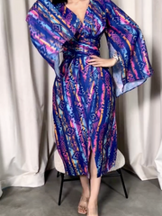 Contrast print waist slit dress