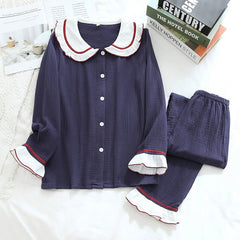 Cotton Crepe Pajamas Set For Women New Spring And Autumn Cloth Couple Long-Sleeved Suit Men Home Service Plus Size Nightgown