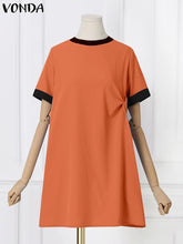 VONDA Elegant Dresses For Women 2022 Stitching Color O Neck Short Sleeve Kink Loose A-Line Vestidos Bohemian Party Casual Plus Size Short Dresses 4#