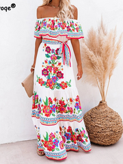 فساتين طويلة كلاسيكية مطبوعة صيفية للنساء فستان طويل مثير مكشوف الأكتاف مكشكش موضة بوهو للحفلات 2022 فستان صيفي للشاطئ للسيدات