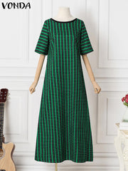 VONDA Elegant Dresses For Women 2022 Stripe O Neck Short Sleeve A-Line Vestidos Bohemian Party Casual Summer Plus Size Long Dresses