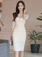 Fashion Elegant Women Midi Dress Sexy Lace Sheer O-Neck Long Sleeve Folds Bodycon Skinny Slim Club Lady Robe Femme Mujer Vestido