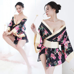 Sexy lingerie multi-color printing see-through kimono black pajamas nightgown and wind pajamas set