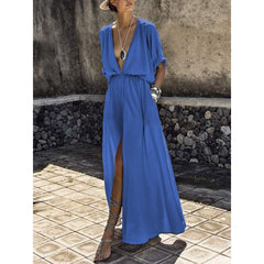 European and American new hot girls hot sale deep V mid-sleeve slit long skirt evening dress women