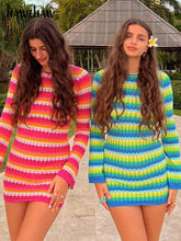 Women Long Sleeve Striped Beach Vacation Bodycon Mini Dress Streetwear