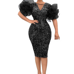 ملابس نسائية أوروبية وأمريكية، أكمام شبكية من أوراق اللوتس، ترتر، جوارب طويلة الورك، OL، فساتين أفريقية كبيرة الحجم