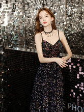 رائجة البيع جديد أسود الترتر ضوء فستان فاخر نسيج حفلة عيد ميلاد فستان طالب الحمالة فستان الإناث مقطع طويل