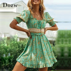 Retro Floral Print Elegant Dress Women Ruffles Bow Tie Vintage Mini Dress Puff Short Sleeve Boho Pleated Dress Vestidos