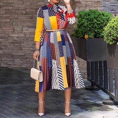 New style dress, African print, bow tie, three-quarter sleeves, mid-length dress, women's clothing