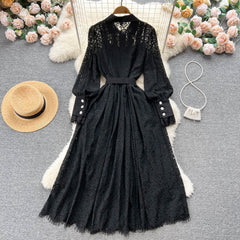 French Simple Fashion Lapel Crochet Hollow Lace Dress