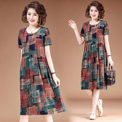 2021 فستان حرير قطني مزين بالزهور في منتصف العمر وكبار السن فستان نوم حرير قطن صيفي للأم