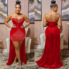 European and American dress fashion solid color hot drill tube top fluffy mesh dress women's