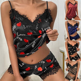 Women's Pajamas Sexy Satin Pajama Set Black Lace V Neck Pajamas Sleeveless Cute Camouflage Top and Shorts