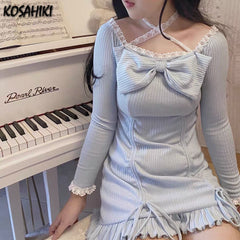 فستان KOSAHIKI الياباني الجميل برباط من الدانتيل وياقة مربعة وفيونكة فستان نسائي لربيع وصيف 2022 مطوي فساتين ضيقة Y2k