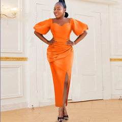 European and American elegant ladies V-neck stitching fringed high waist back slit party evening dress